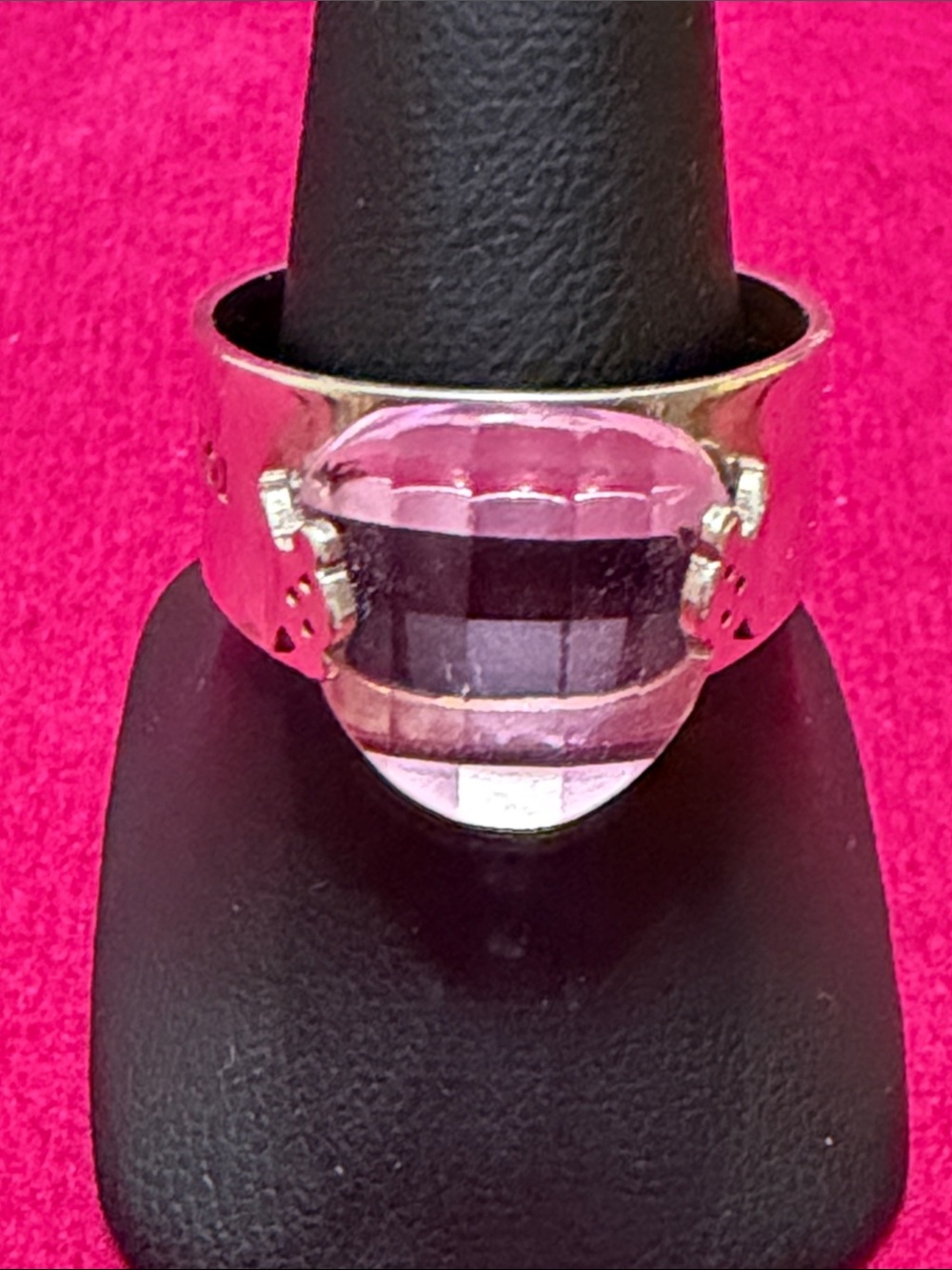 Sterling Silver Ring with Light Pink Crystal Dome - Women Jewelry